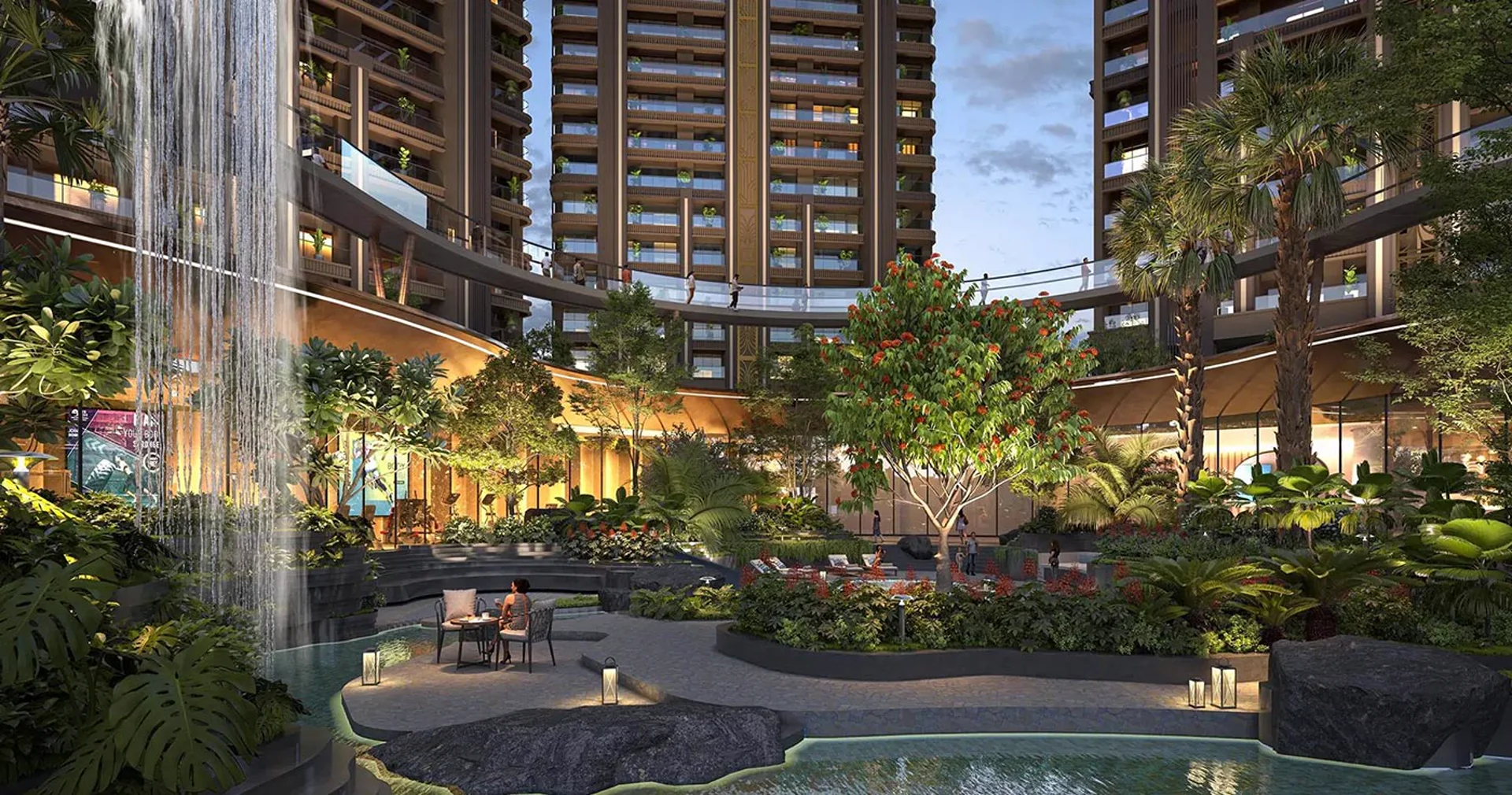 Visualisation of waterfalls and terraced garden seating